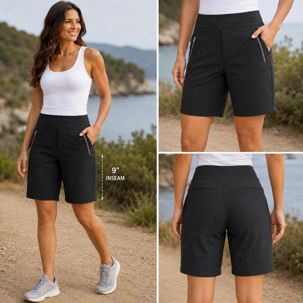 Athleta Black Ripstop Hiking Travel Shorts Womens 8 Zip Pocket Active Outdoor